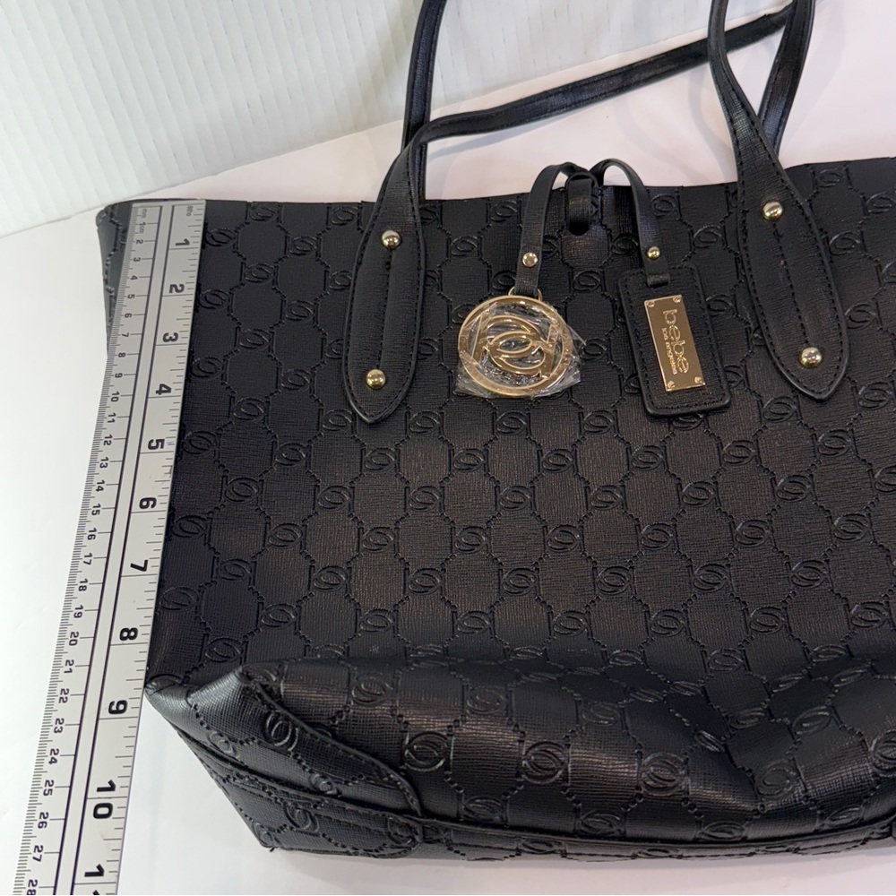 Bebe Embossed Black Logo Tote – Gold Charm & Saffiano Finish Chic - Picture 11 of 16